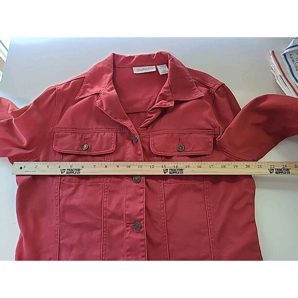 CHADWICKS Red Jean Style Cotton Jacket 16 Front Pockets Buttons Trucker - Picture 11 of 16